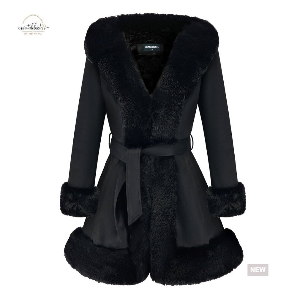 Faux Fur Collar Suede Jacket Slim Fit Elegant Winter Parka Coat with Belt